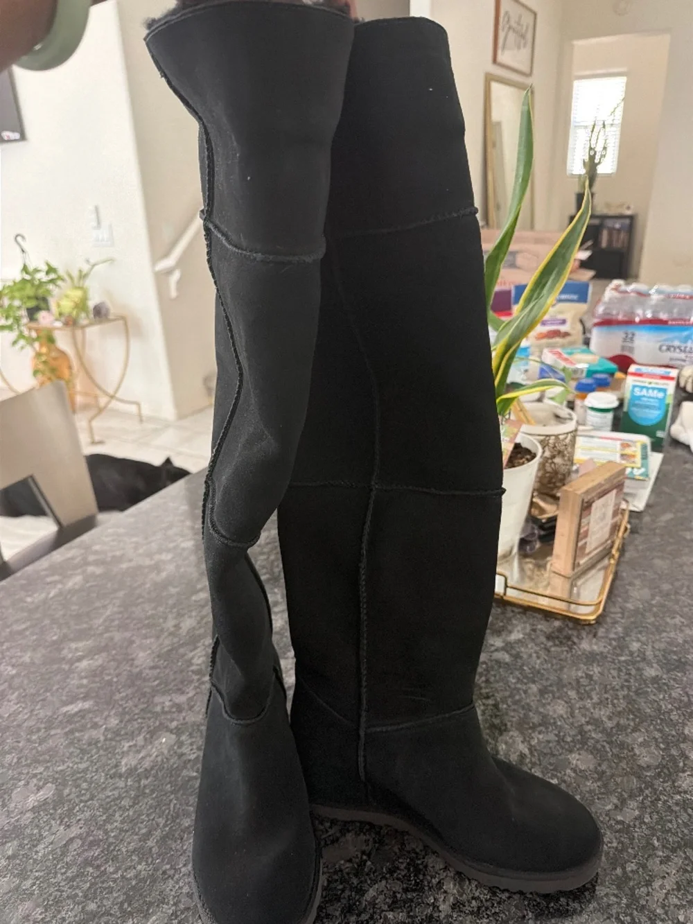 UGG CLASSIC MONDRI TALL OVER THE KNEE BLACK WEDGE BOOTS